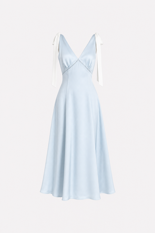 Blue V-neck satin midi dress with ruched cutout waist