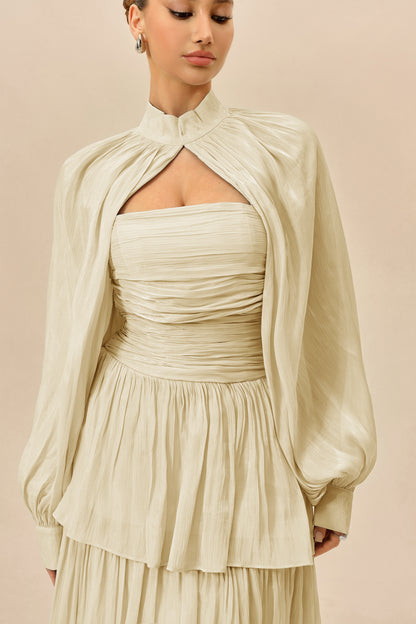 Beige Tiered Chiffon Maxi Dress with Detachable Sleeves - view 3