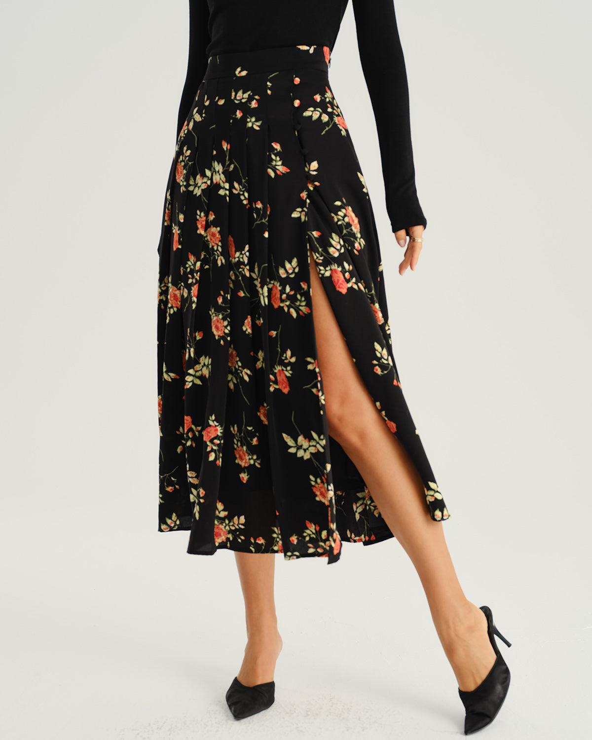 Black Ditsy Floral A-Line Midi Skirt - view 3