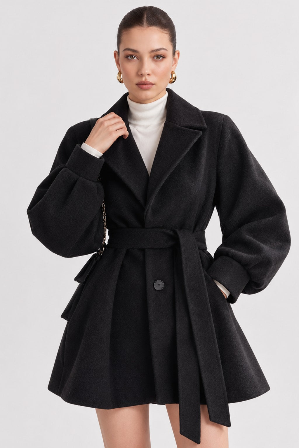Wool-Look Coat Belted A-Line Tailored Outerwear - 3