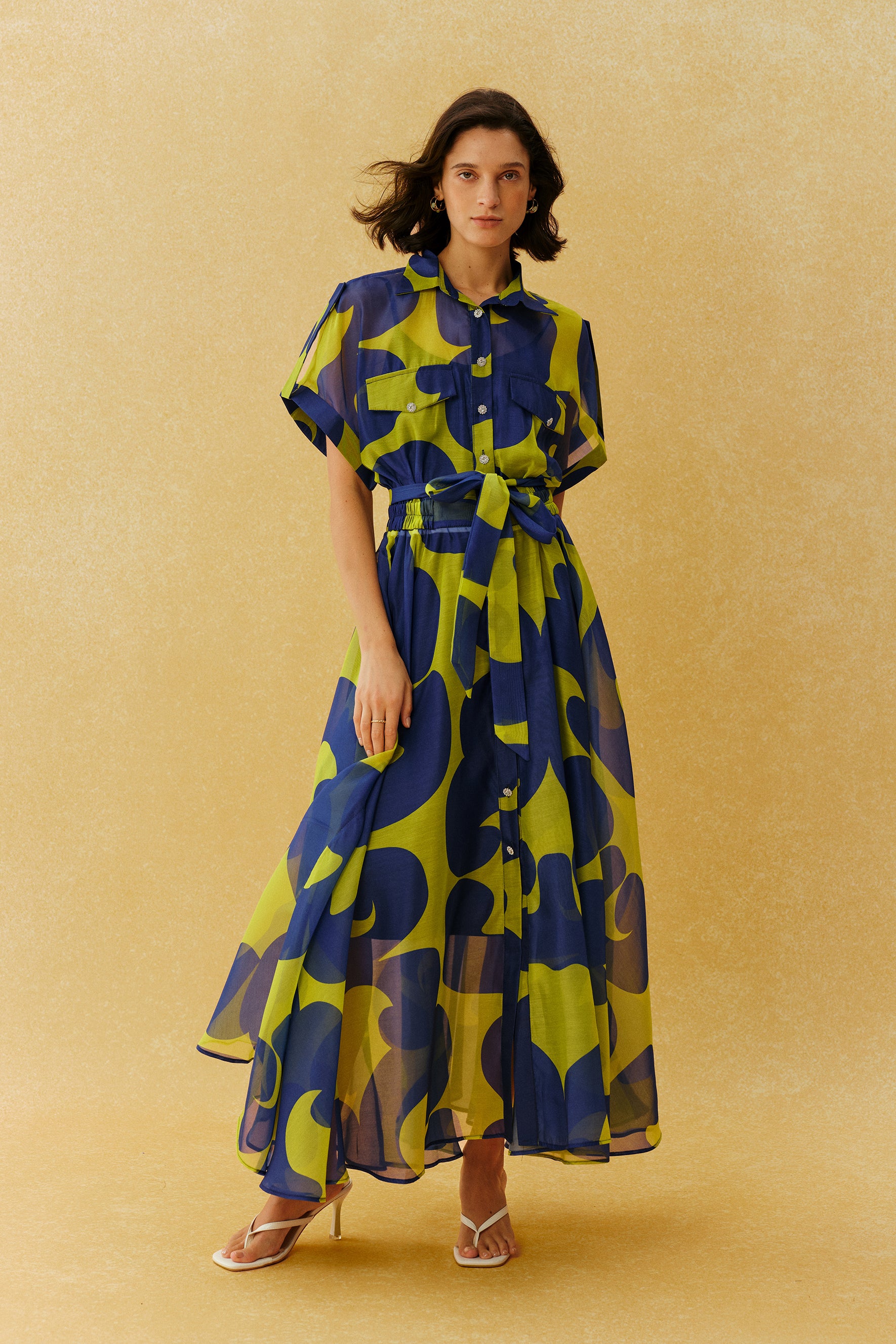 Blue sheer abstract print maxi dress with tie belt - view 2