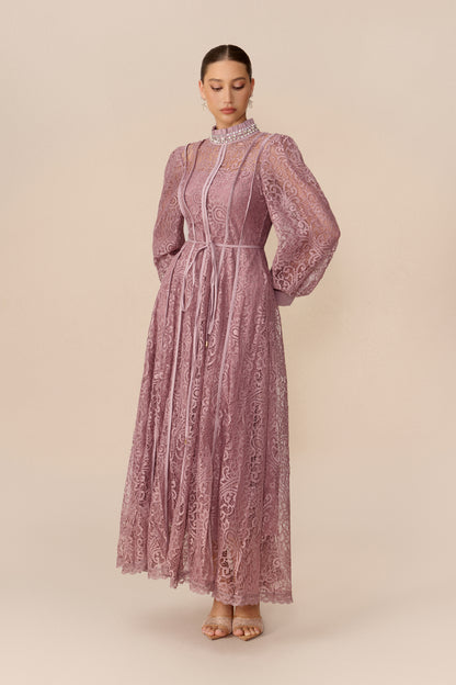 Balloon Sleeve Lace Maxi Dress in Pink - view 5