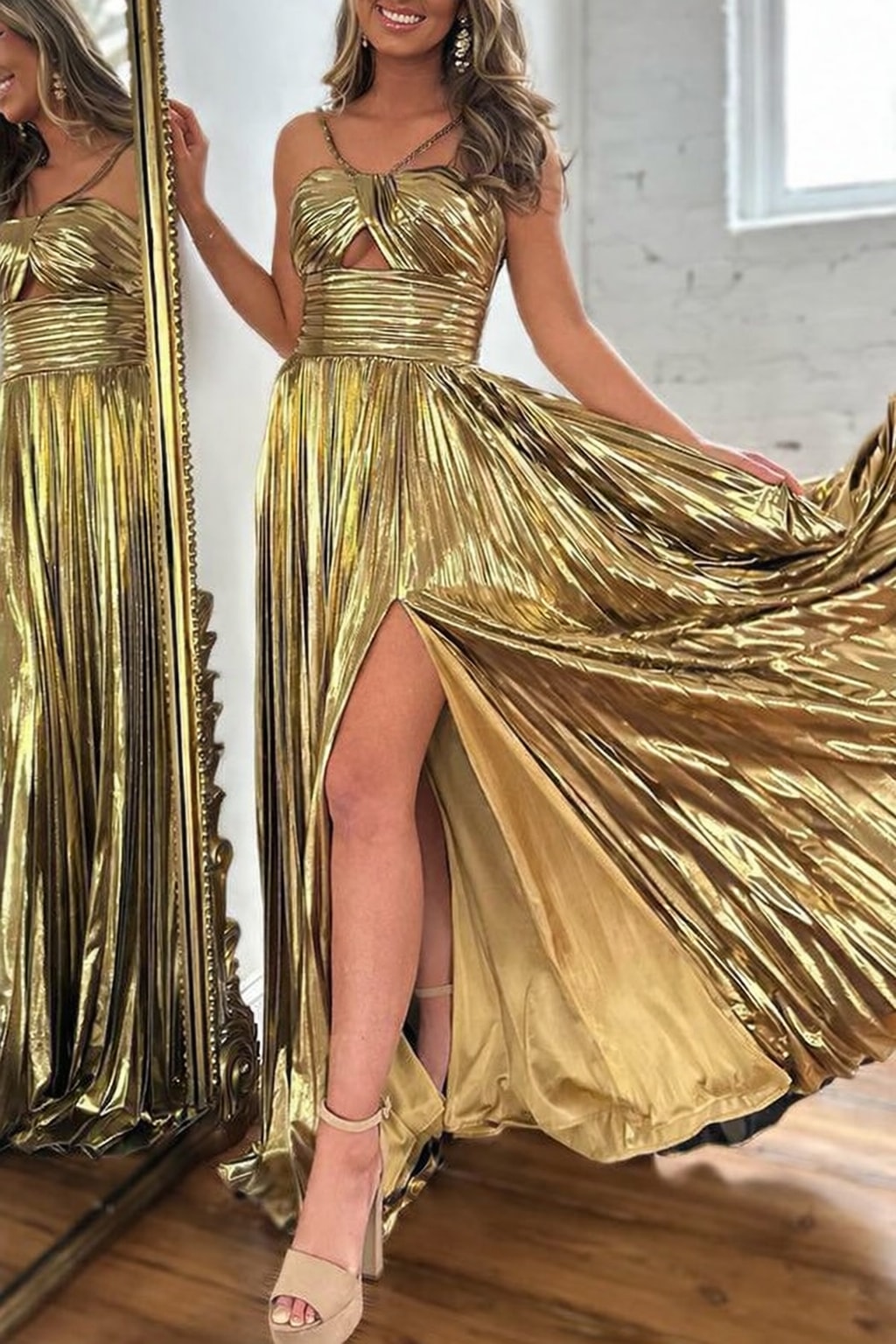 Metallic Maxi Dress with Cross Neck and Slit - 2