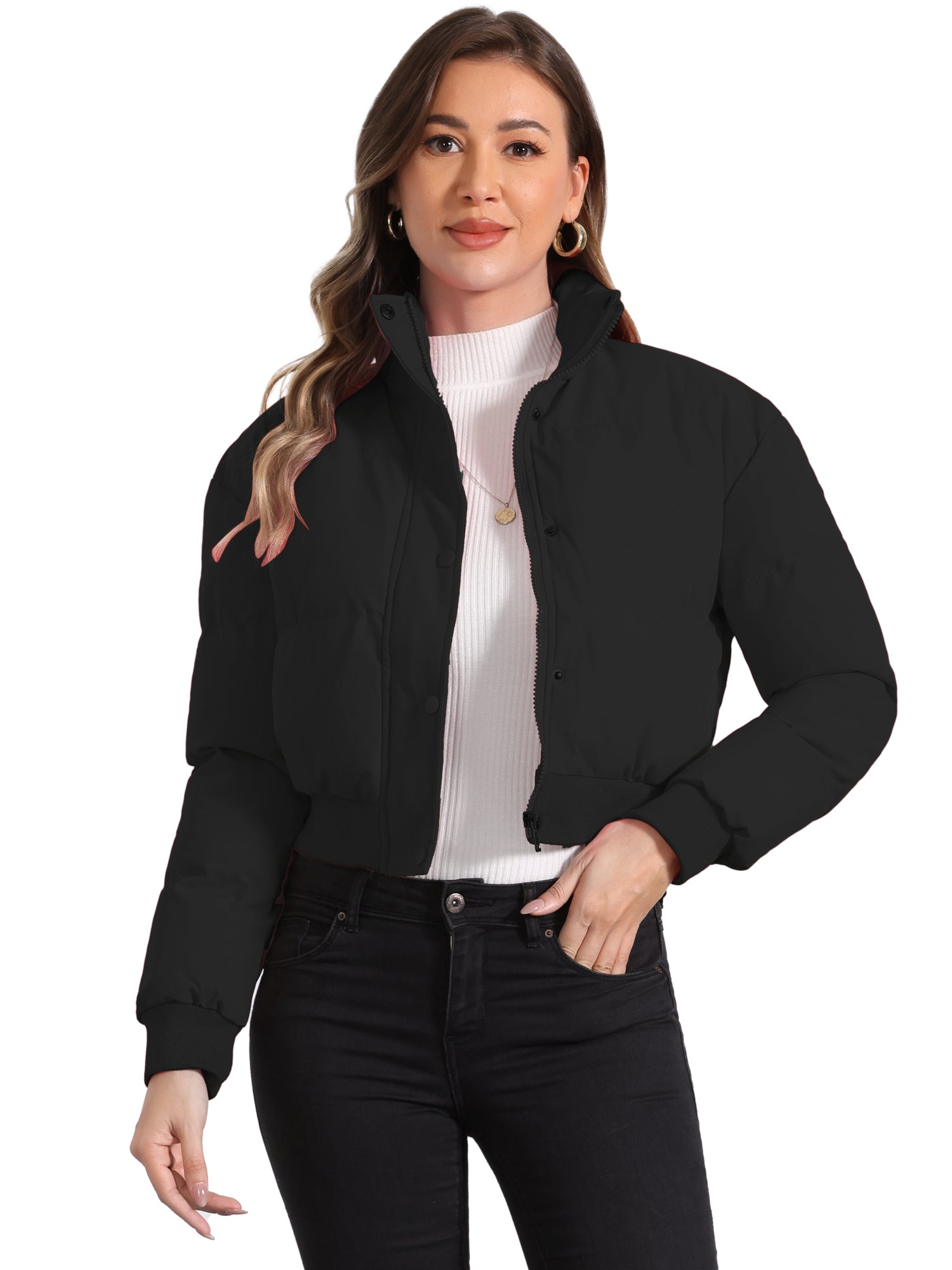 Padded Cropped Bomber Jacket With Stand Collar - view 26