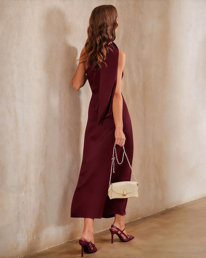 Wine Red One-Shoulder Satin Maxi Dress - view 3