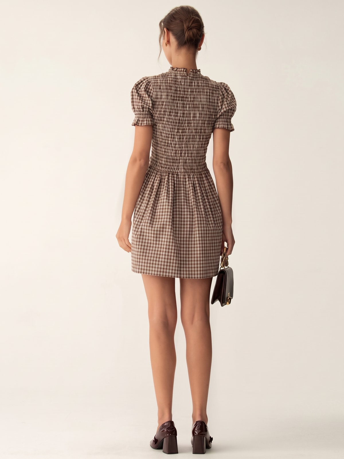 Gingham Mini Dress with Puffed Sleeves and A-Line Fit - 5