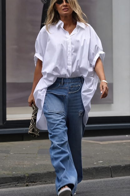 Distressed Wide Leg Jeans, Asymmetrical Pockets - view 3