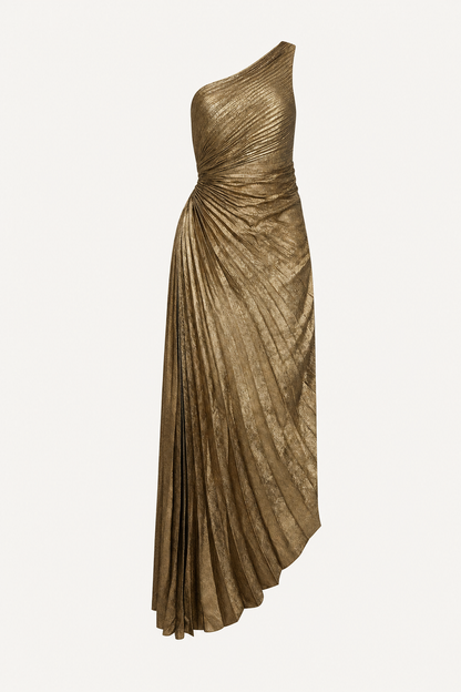Metallic Gold One-Shoulder Pleated Maxi Dress