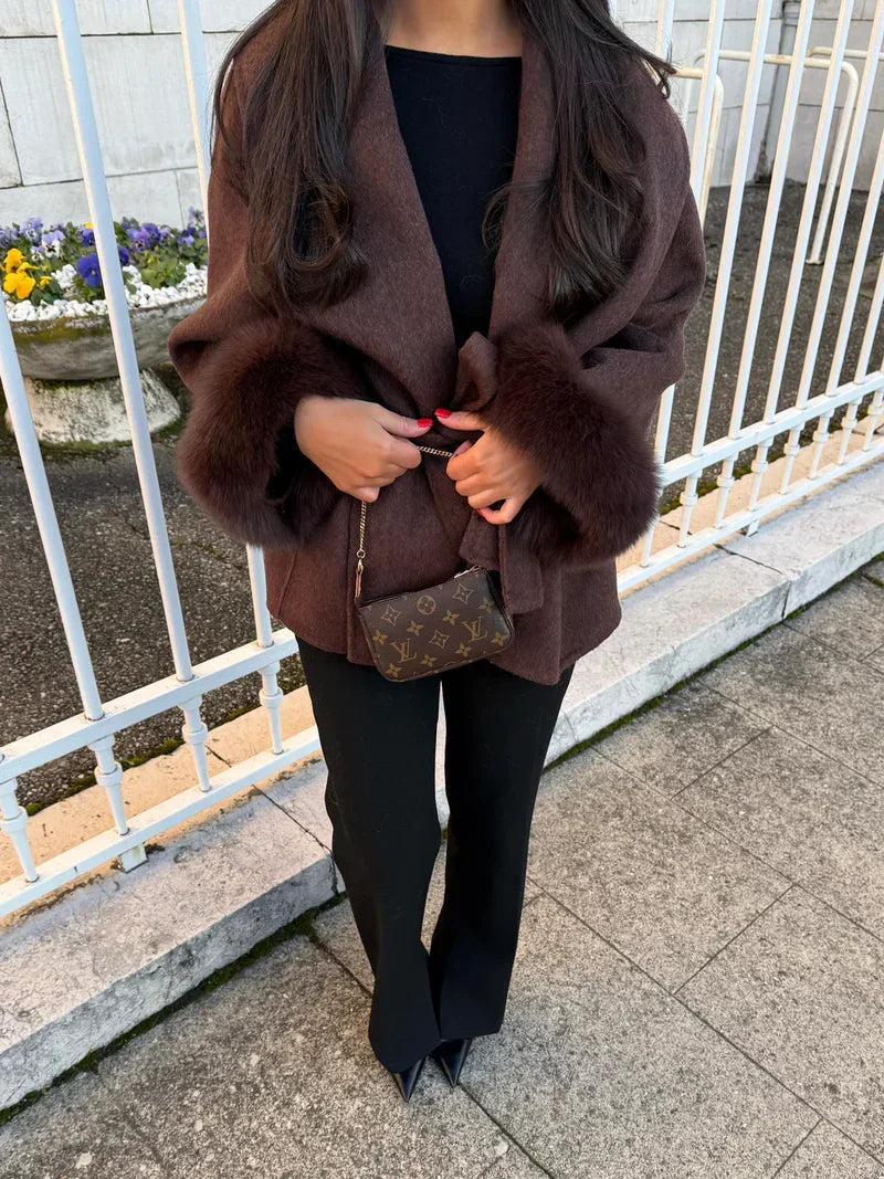 Faux Fur Collar Jacket with Cinched Waist - view 6