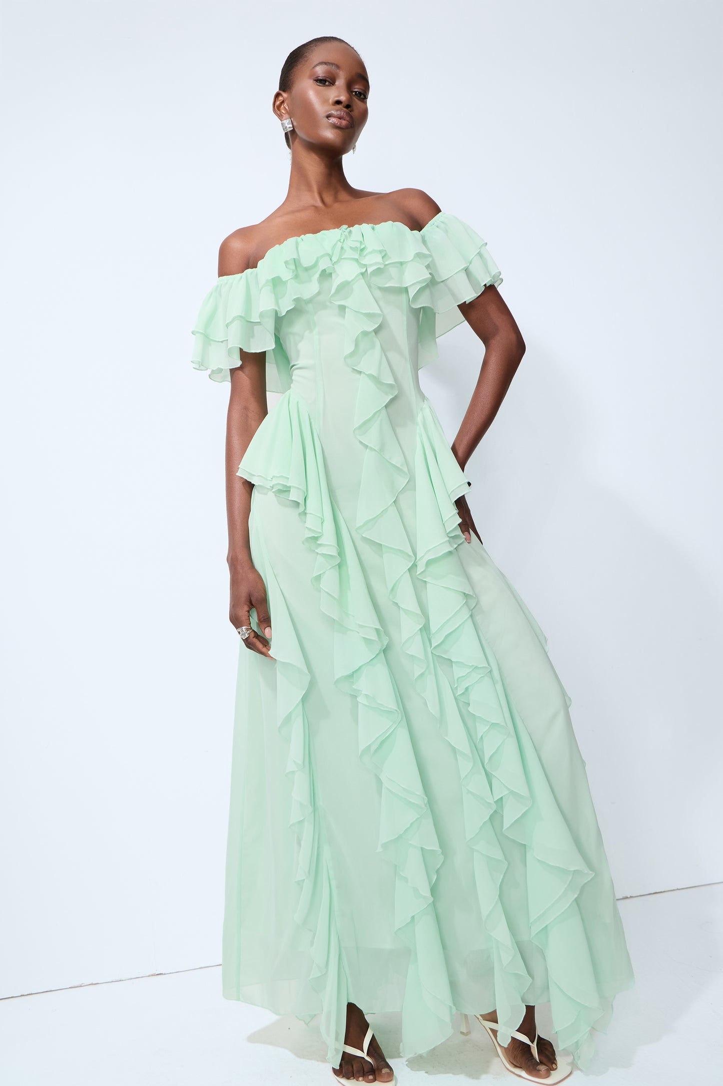Sage green off-shoulder ruffle maxi dress with pockets - view 5