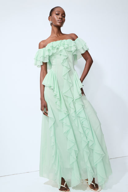 Sage green off-shoulder ruffle maxi dress with pockets - view 5