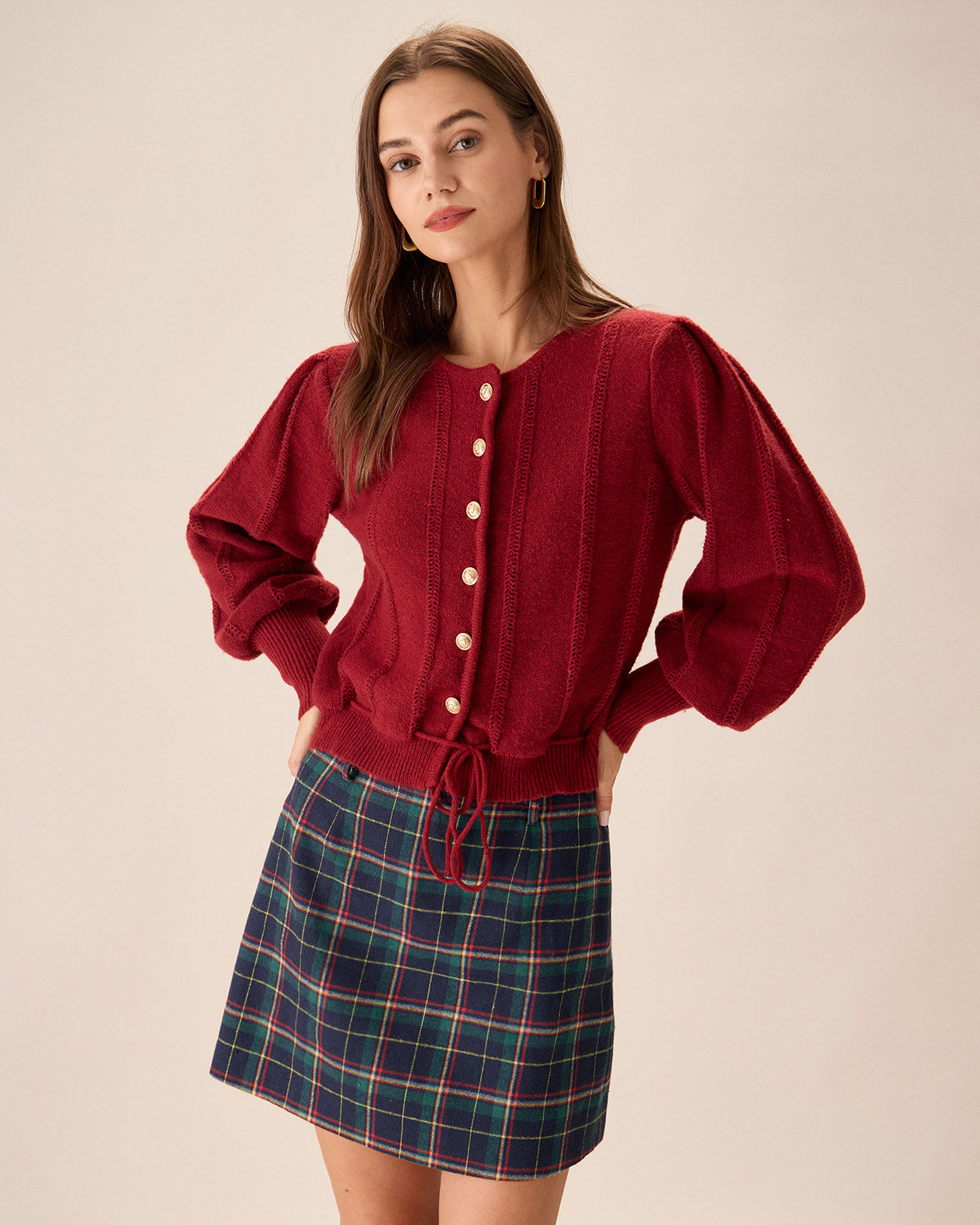 Red lantern sleeve button-front knit cardigan - view 2