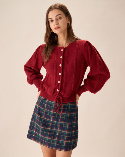Red lantern sleeve button-front knit cardigan - view 2