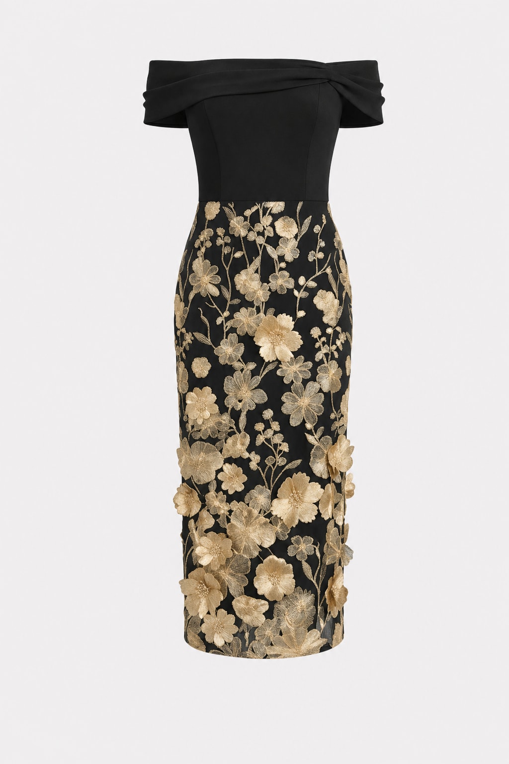 Black 3D Floral Applique Knit Off The Shoulder Short Sleeve Sheath Midi Dress - 1