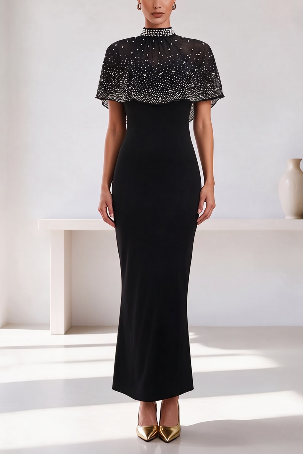 Polyester High-Neck Cape Sleeve Maxi Dress - 4