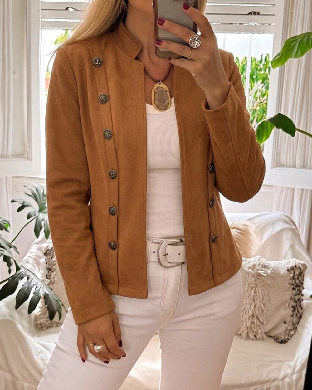 Brown Faux Suede Jacket with Stand Collar - view 3