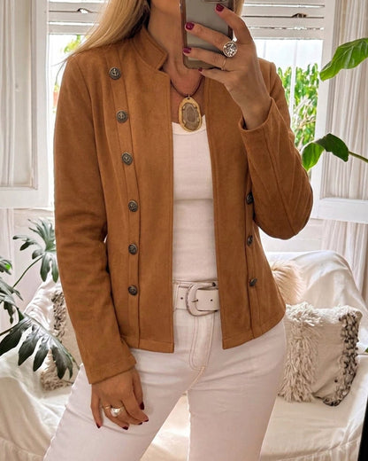 Brown Faux Suede Jacket with Stand Collar - view 3