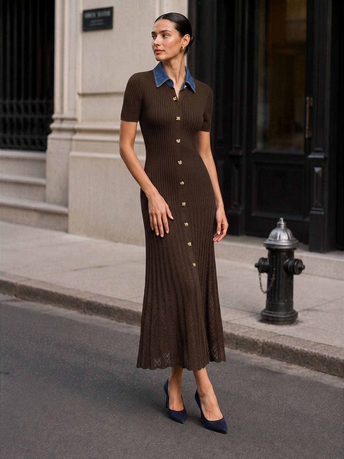 Ribbed Knit Maxi Dress With Denim Collar - 6
