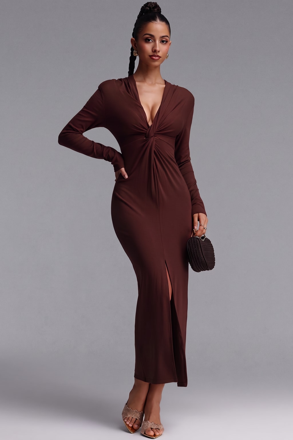 Knit Maxi Dress Deep V-Neck Twist Front - 9