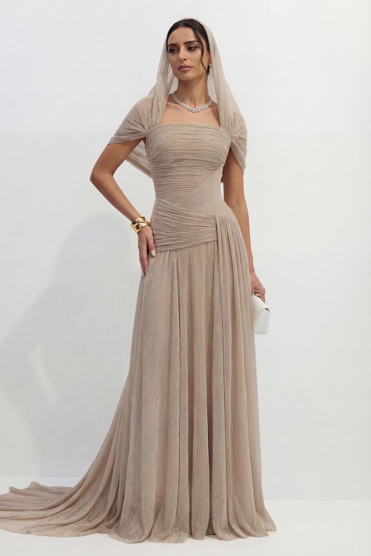 Khaki strapless pleated maxi dress with cowl back - view 4