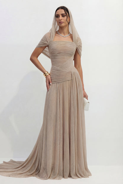 Khaki strapless pleated maxi dress with cowl back - view 4