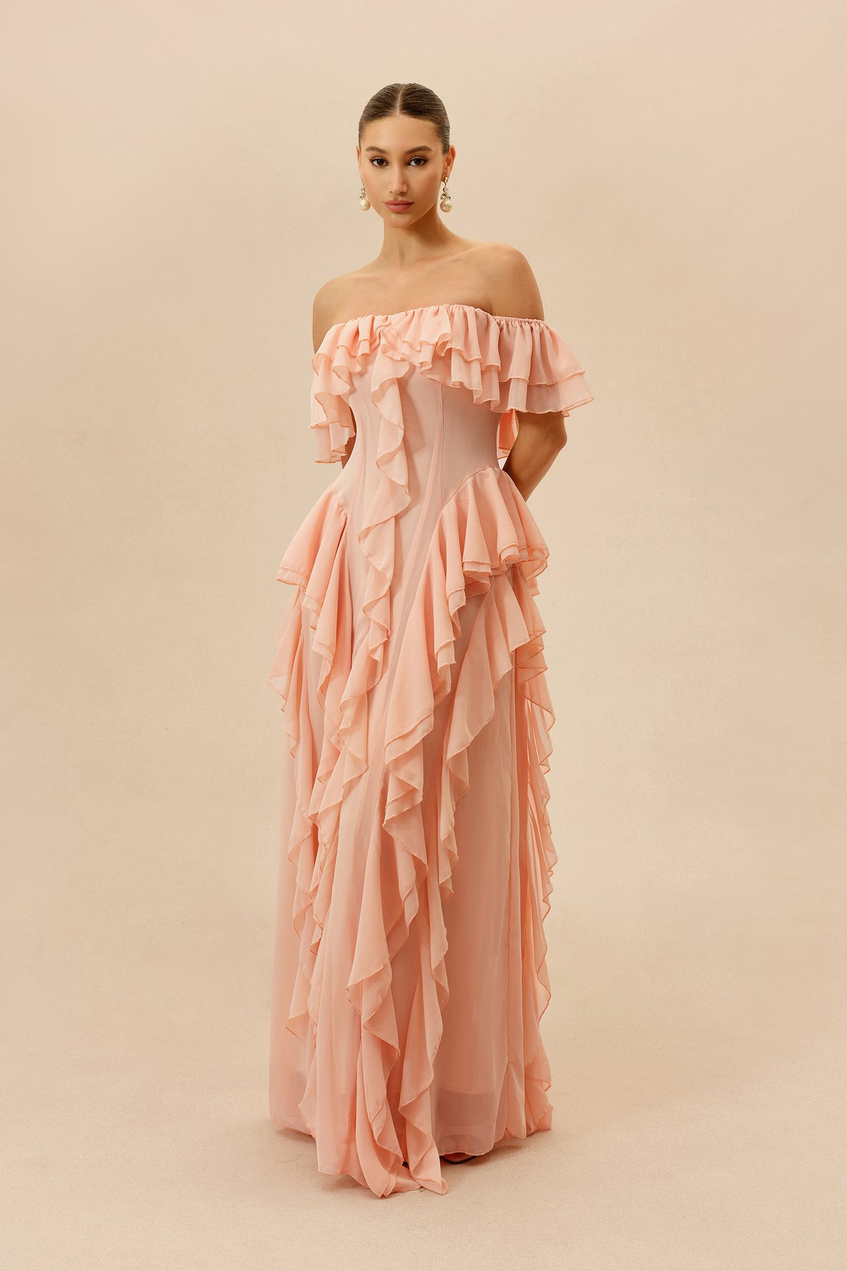Pink Off-Shoulder Ruffle Maxi Dress - view 2