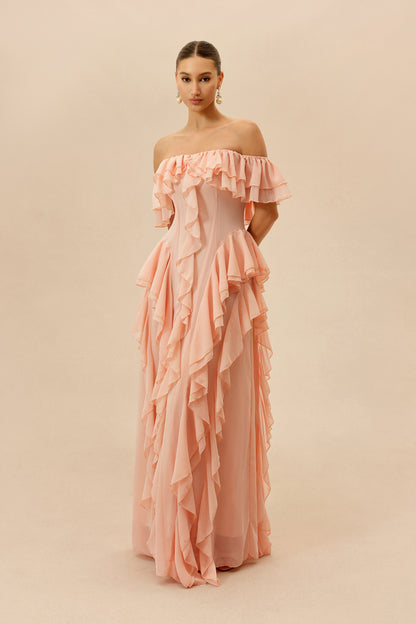 Pink Off-Shoulder Ruffle Maxi Dress - view 2