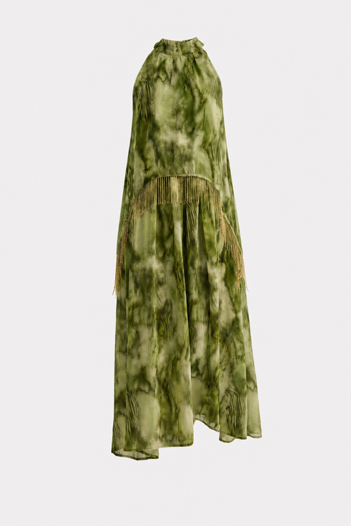 Green Tie-Dye Halter Maxi Dress with Fringe