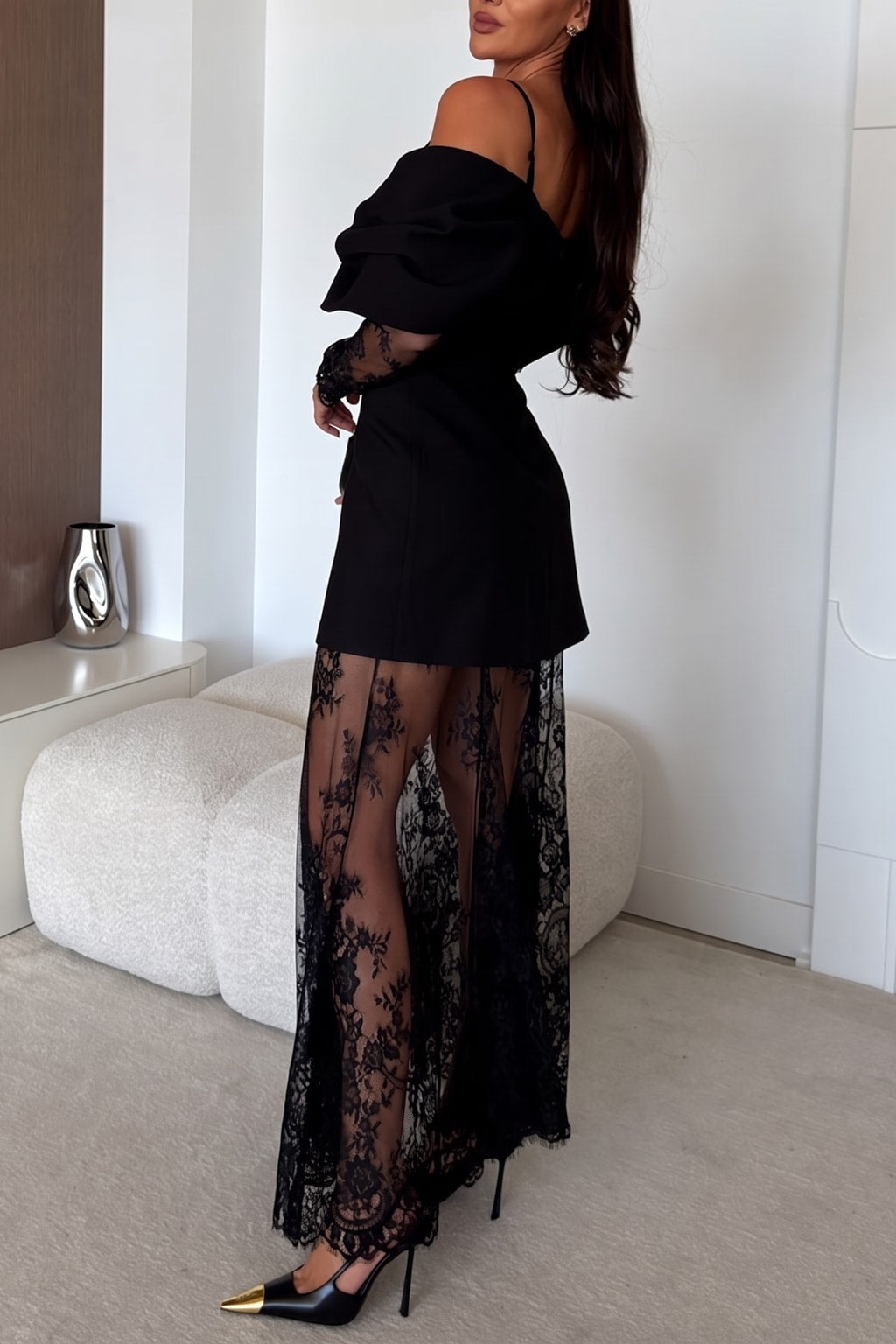 Polyester Mini Dress And Lace Maxi Skirt Set With Bow Neckline - 4