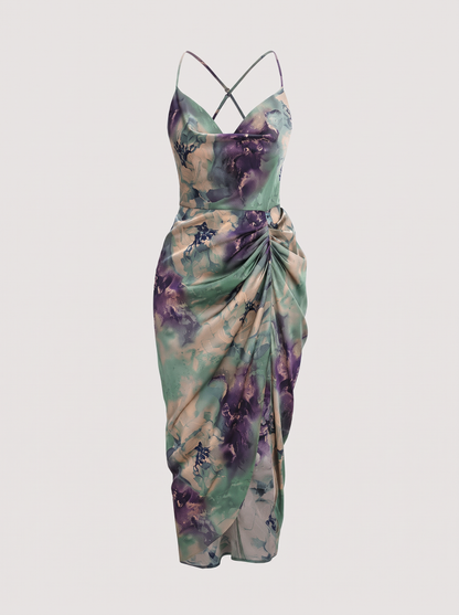 Satin draped cowl neck midi dress - view 4