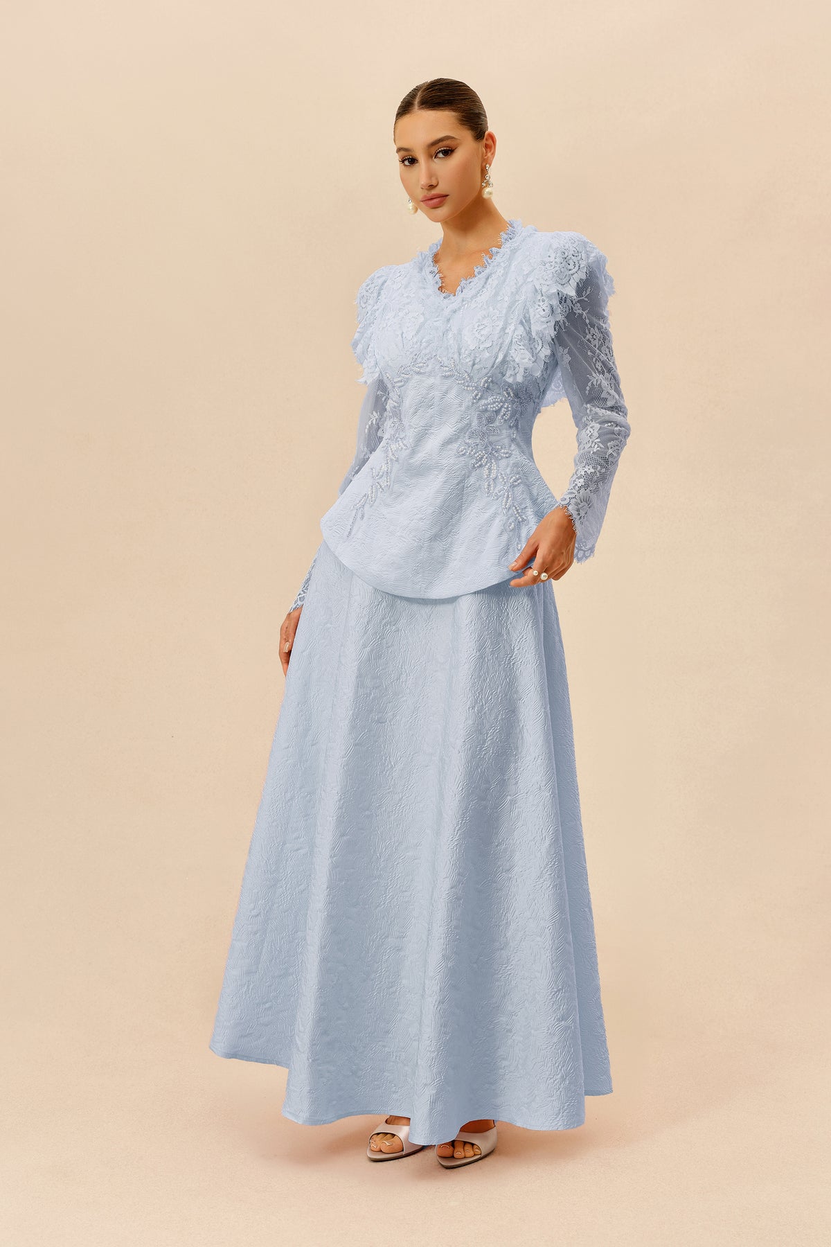 Blue beaded embroidery jacket and skirt set - view 2