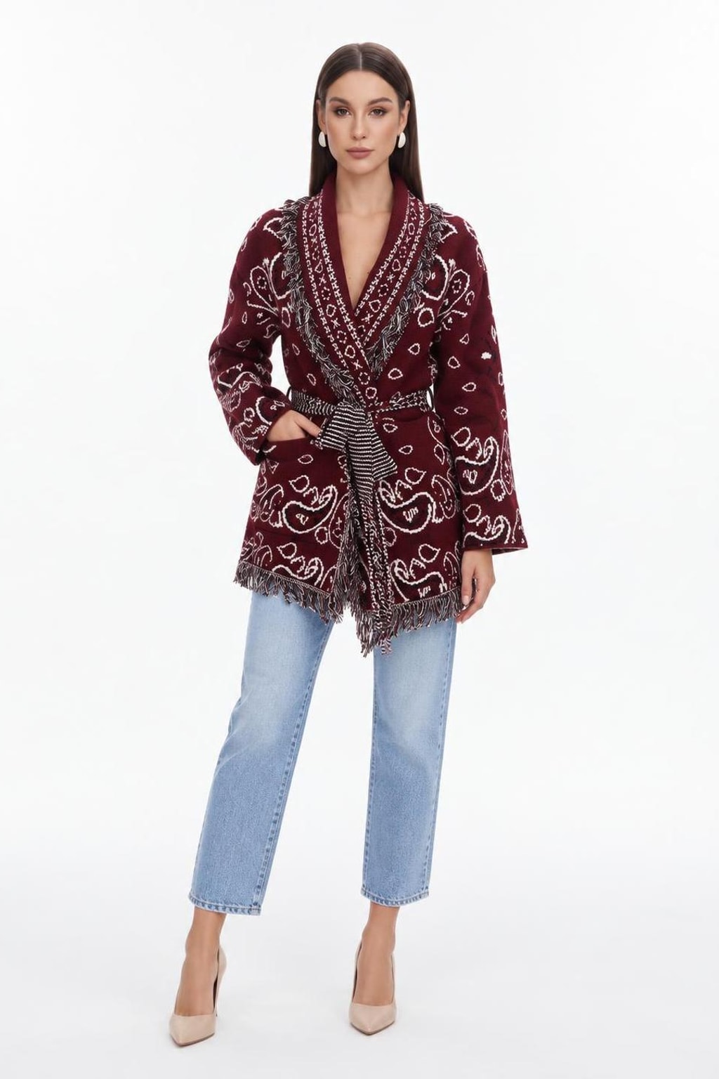 Knit V-Neck Cardigan With Tassel Trim - 4