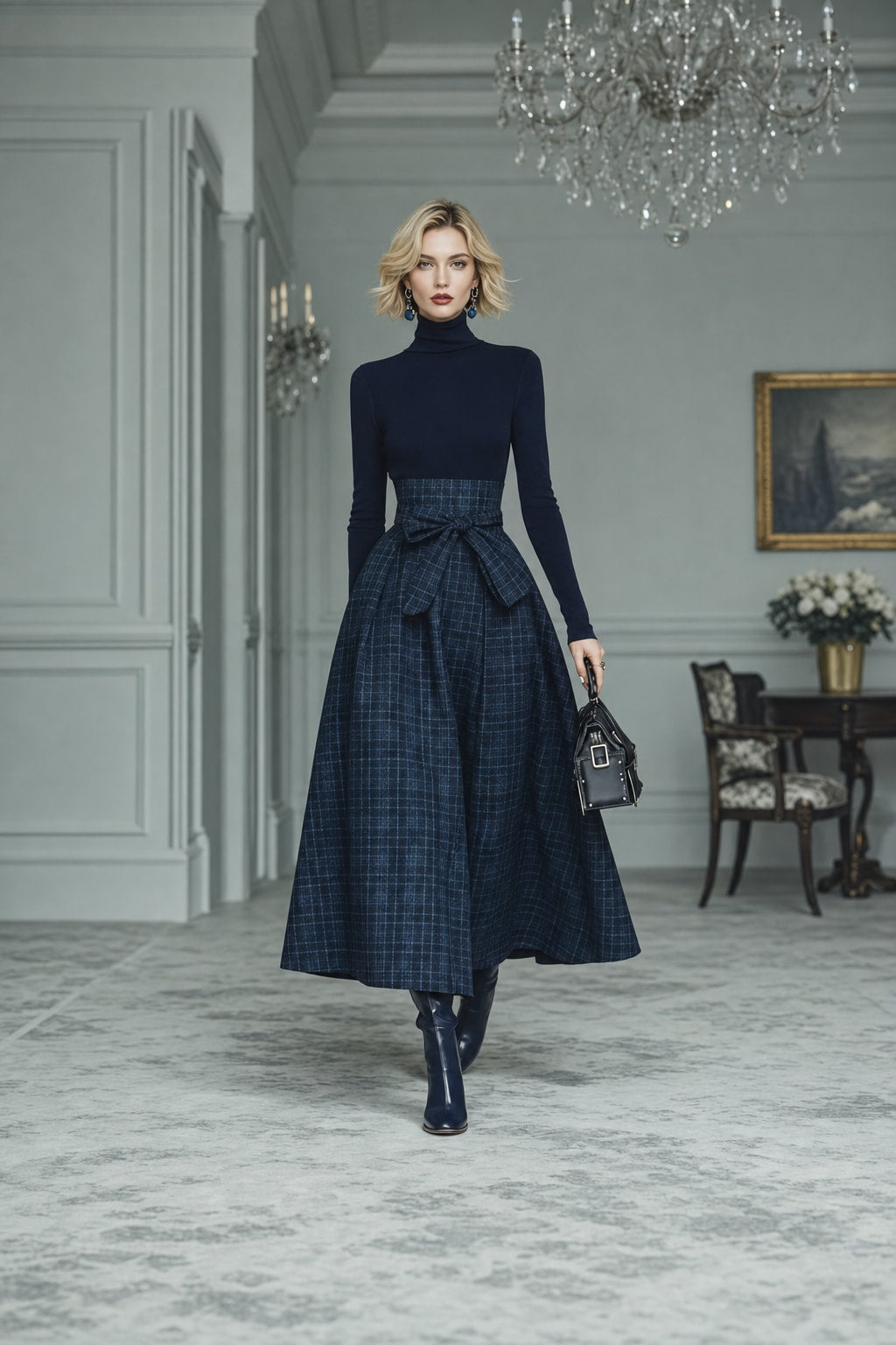 Plaid Skirt And Turtleneck Two-Piece Set - 2