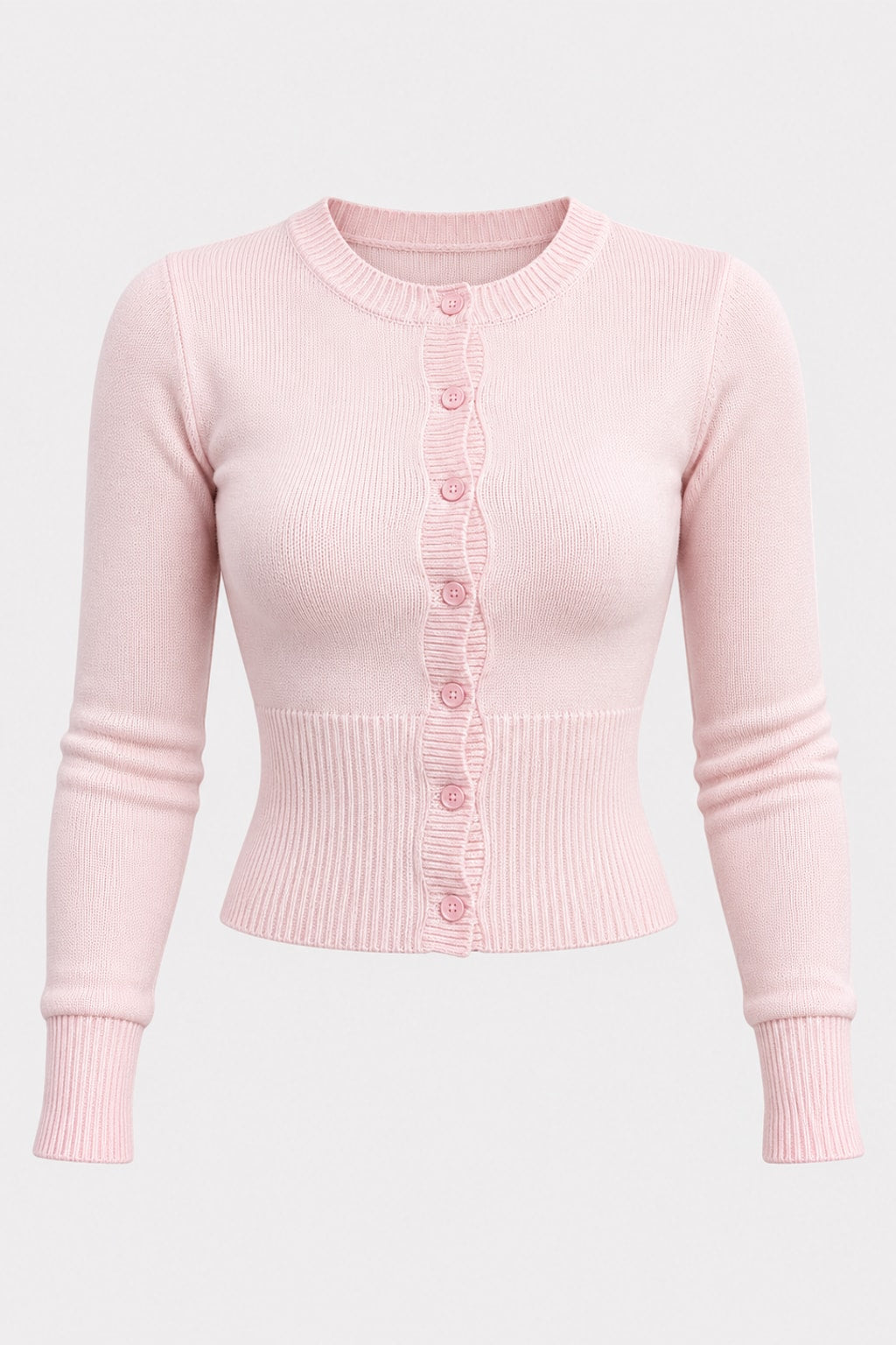 Pink cropped knit cardigan with a scalloped button placket and a deep ribbed waistband