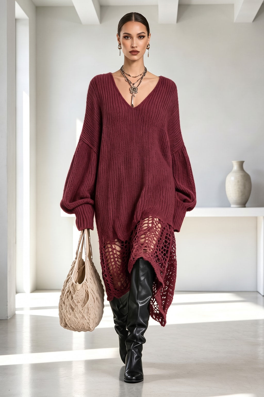 Knit Sweater Midi Dress With Asymmetrical Cutout Hem - 6