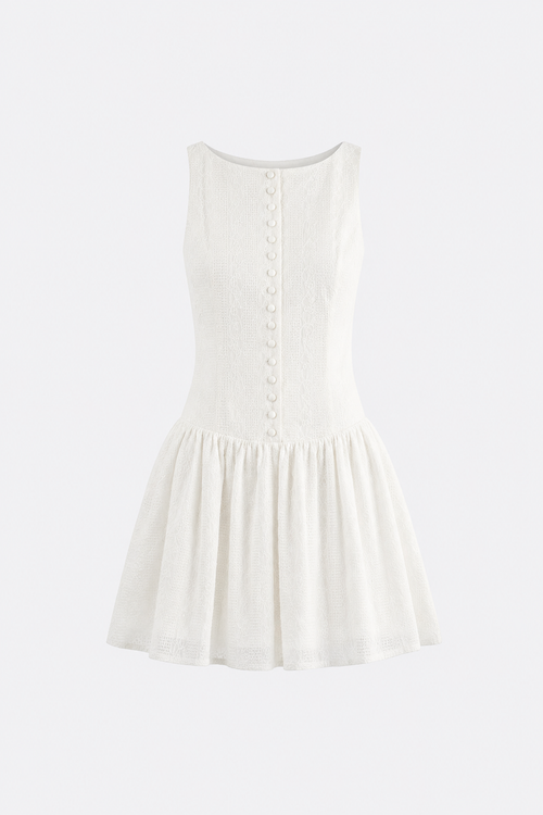 White jacquard cotton mini dress with boat neck