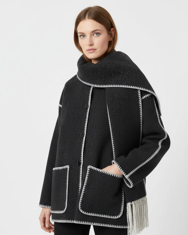 Wool-blend draped coat with attached scarf - view 3