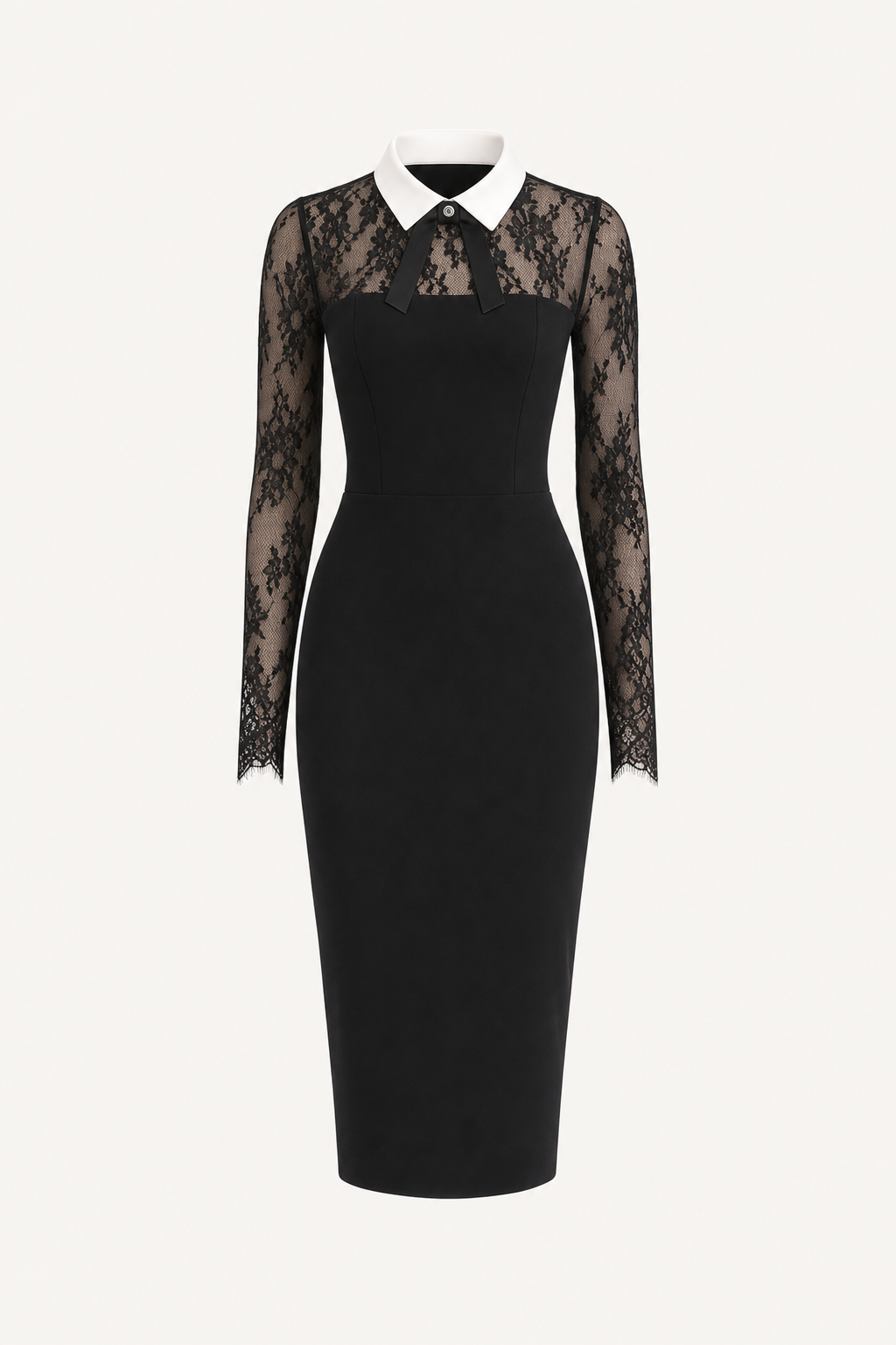 Bow Collar Lace Midi Dress in Black - view 4