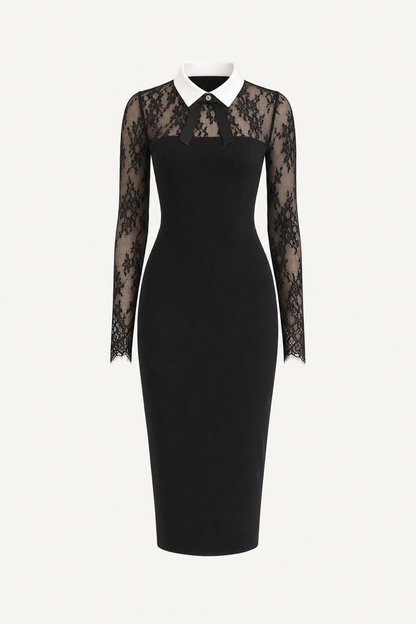Bow Collar Lace Midi Dress in Black - view 4