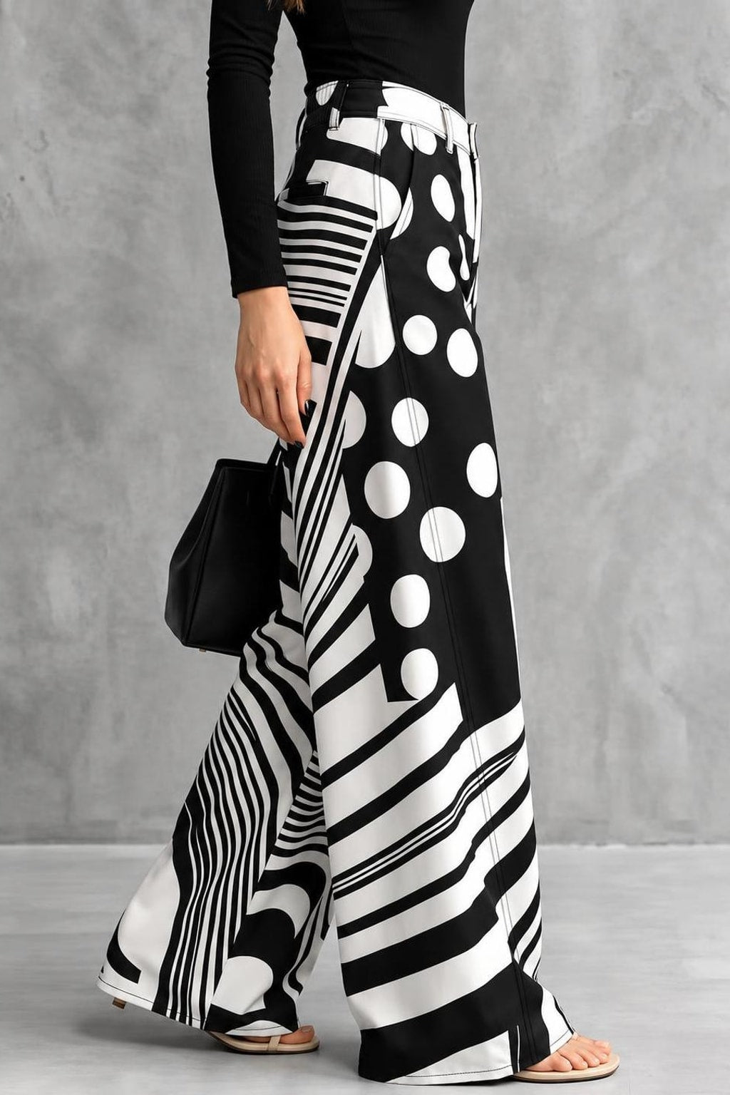 Polyester Wide Leg Trousers In Black And White Polka-Dot - 3