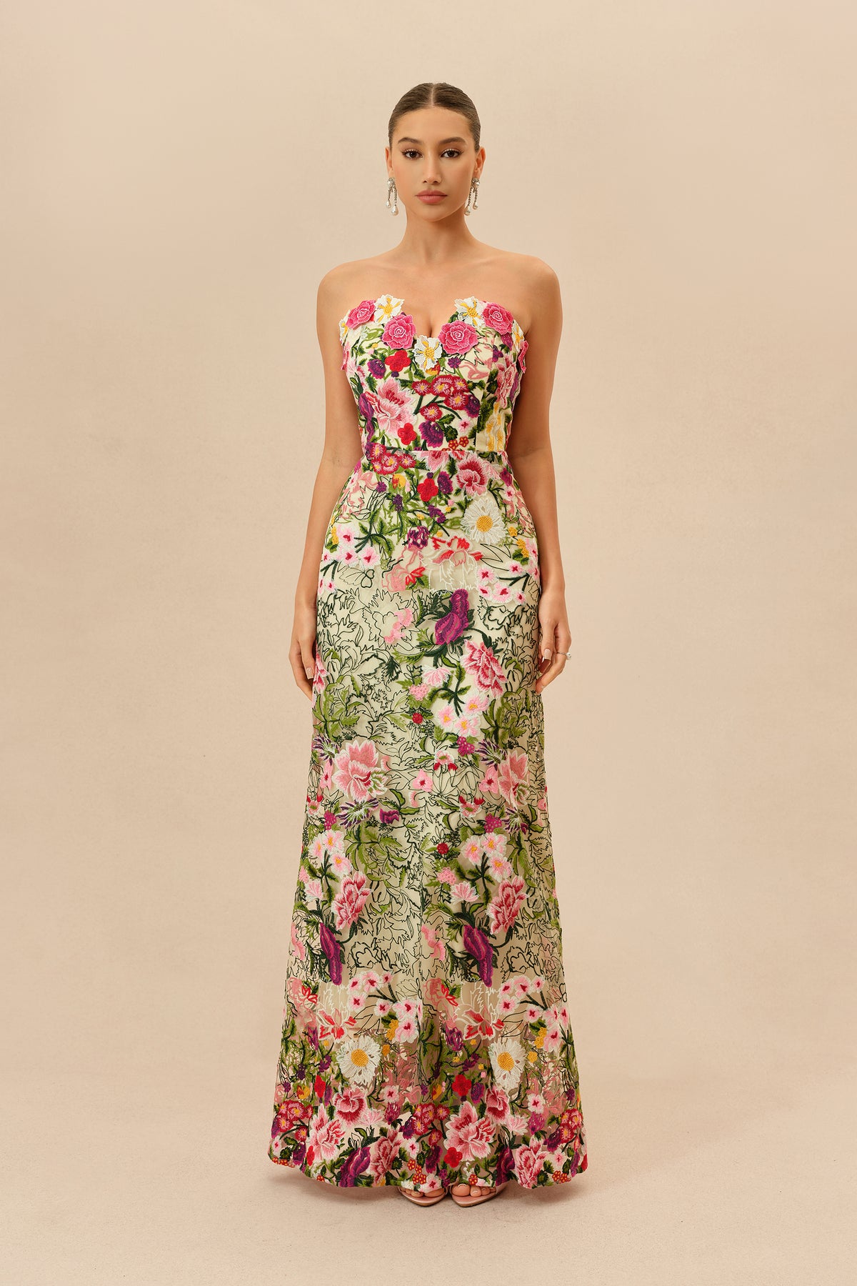 Floral Embroidered Maxi Dress With Sweetheart Neckline & Tie Waist - 6