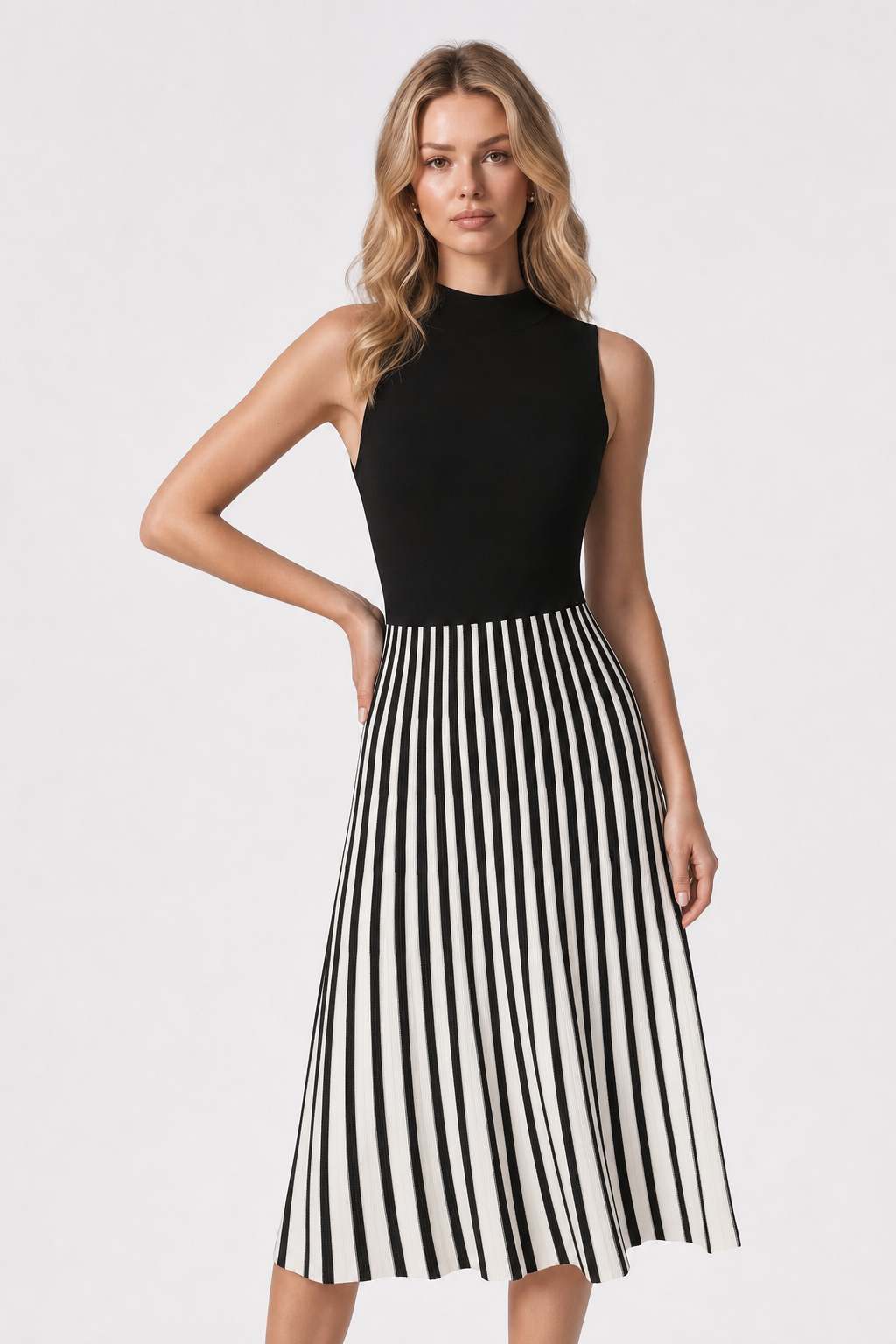 Mock Neck Color Block Knit Midi Dress - view 3