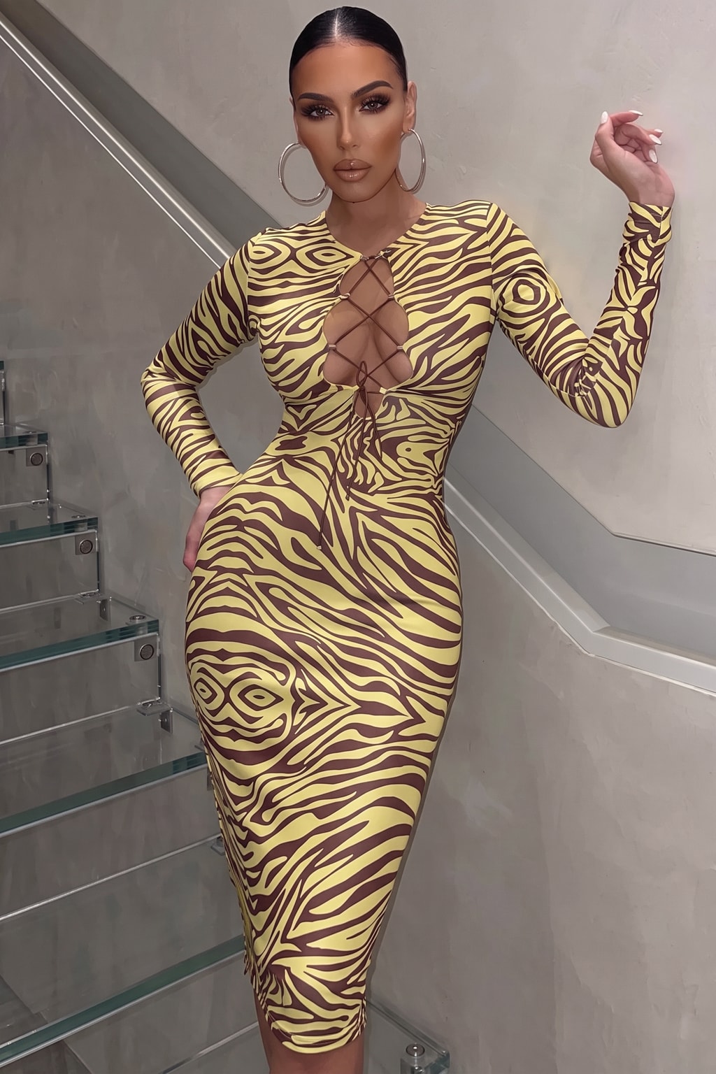 Polyester Pencil Dress Yellow Zebra Print Bodycon Style - 4