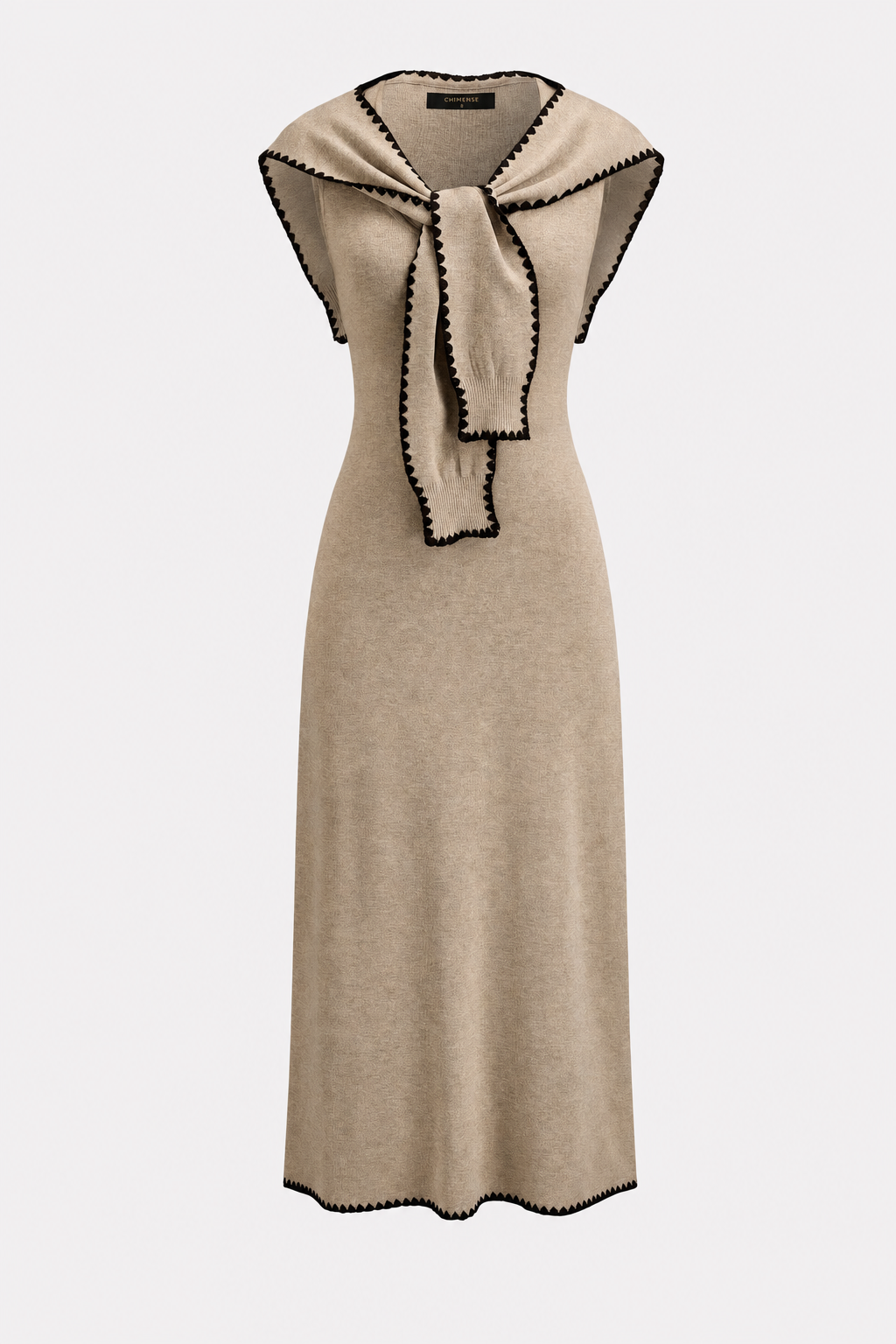 Cape Tie Trim Knit Midi Dress in Camel