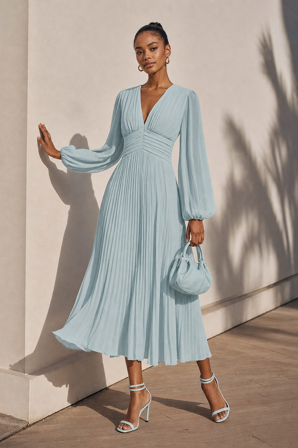 Chiffon Balloon Sleeve A-Line Midi Dress - 3