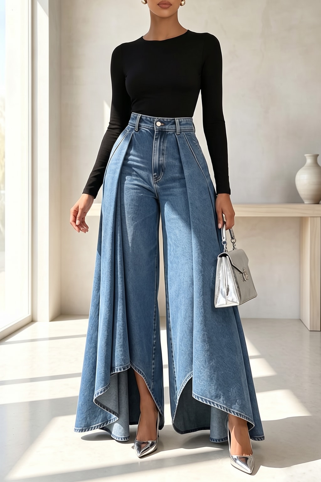 Denim Wide-Leg Jeans With High-Waist Overlay - 3