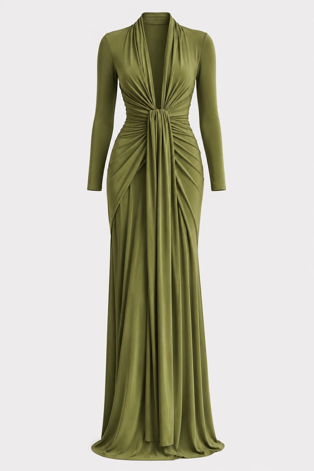 Green Silky Stretch Maxi Dress with Deep V-Neck - 1