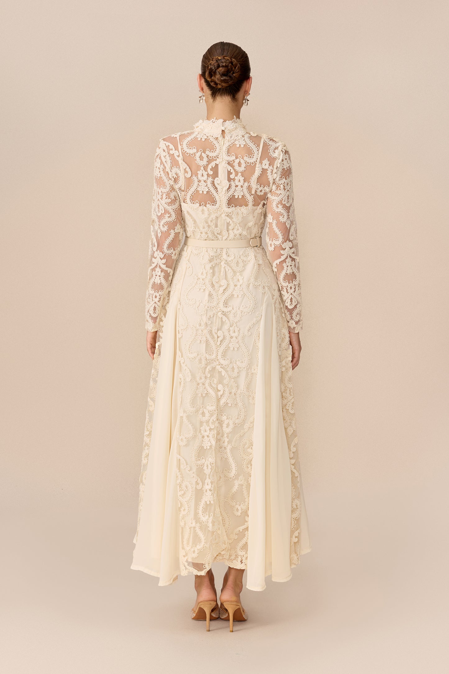 High Neck Lace Overlay Maxi Dress in Beige - view 4