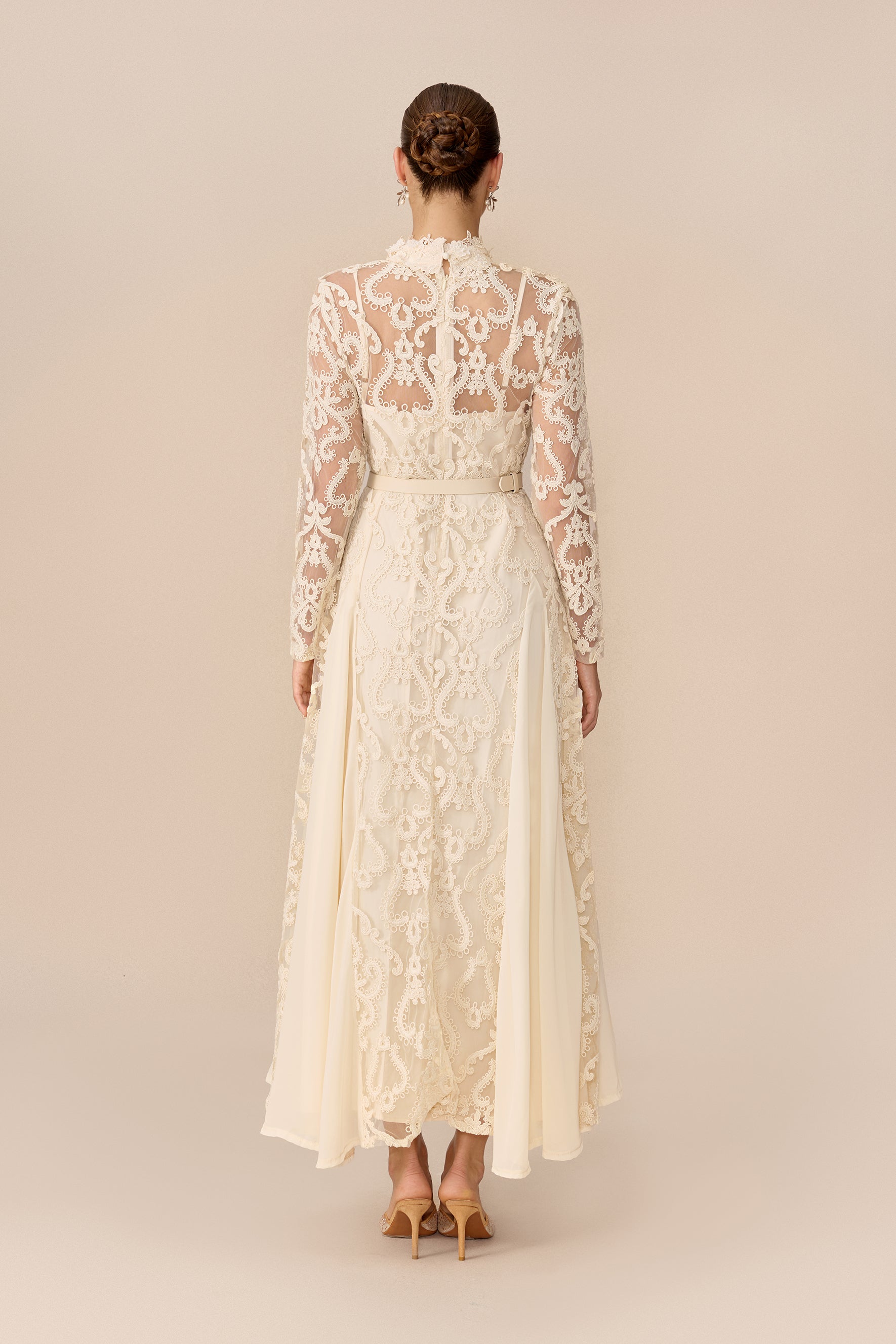 High Neck Lace Overlay Maxi Dress in Beige - view 4