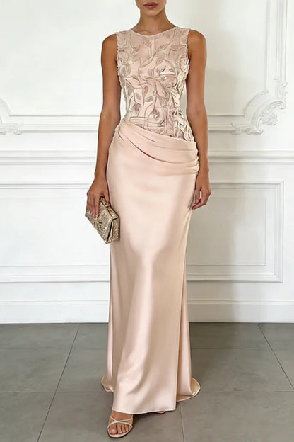 Satin maxi dress with embroidered mesh overlay - view 2